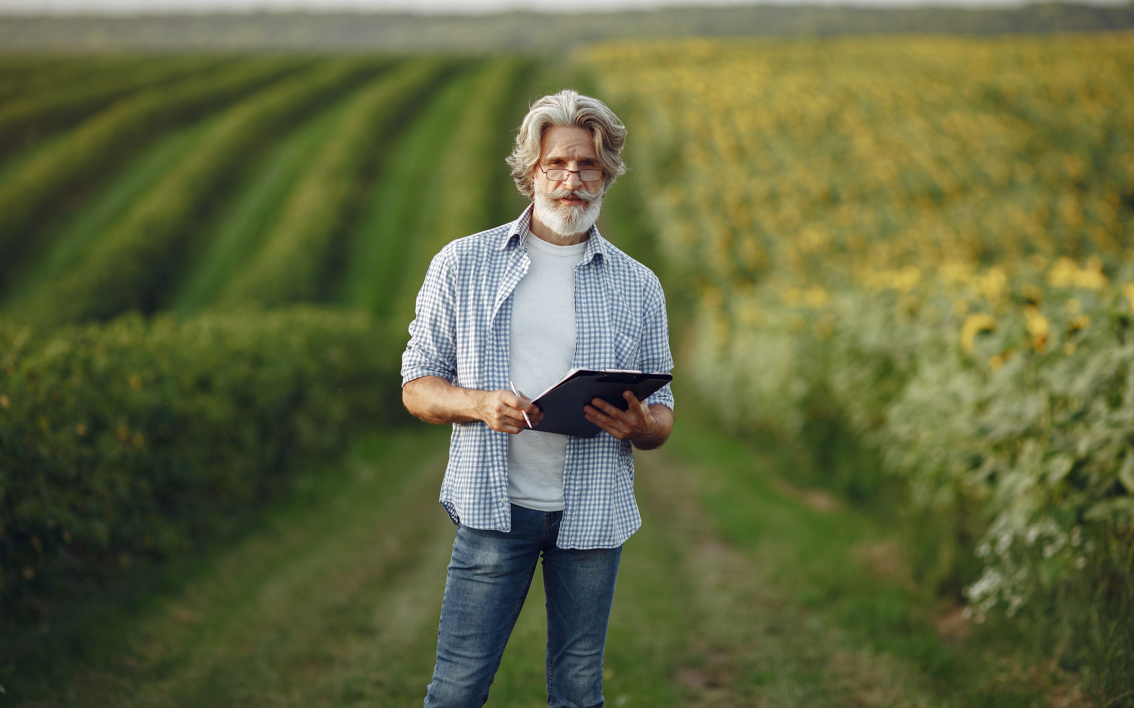 Farmer standing in a crop field reviewing records on a tablet