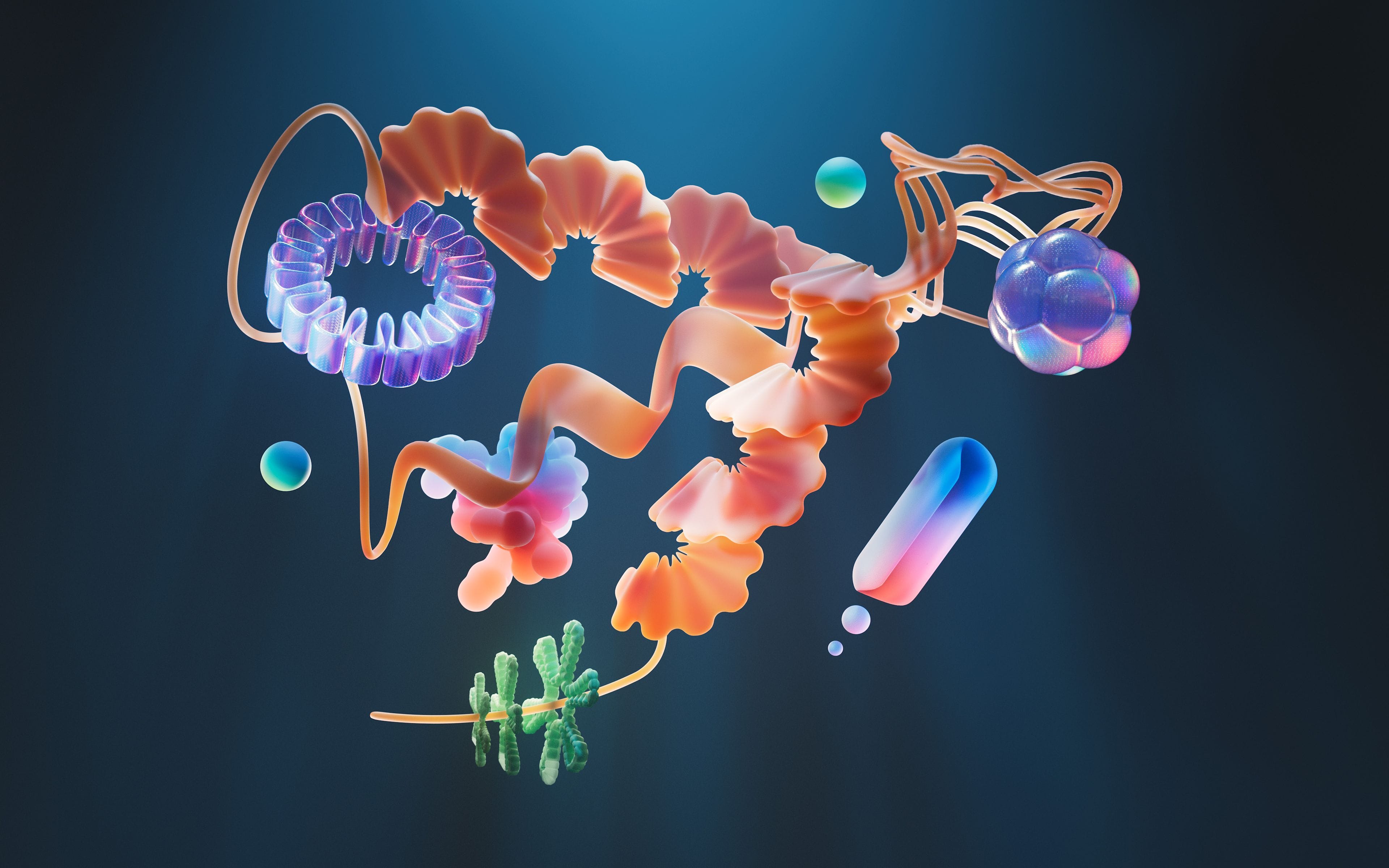 Three-dimensional render of a folded protein molecule used in genetic research